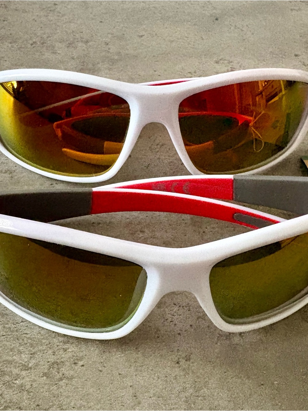 Kids White & Red Sport Sunglasses with Amber Mirrored Lenses